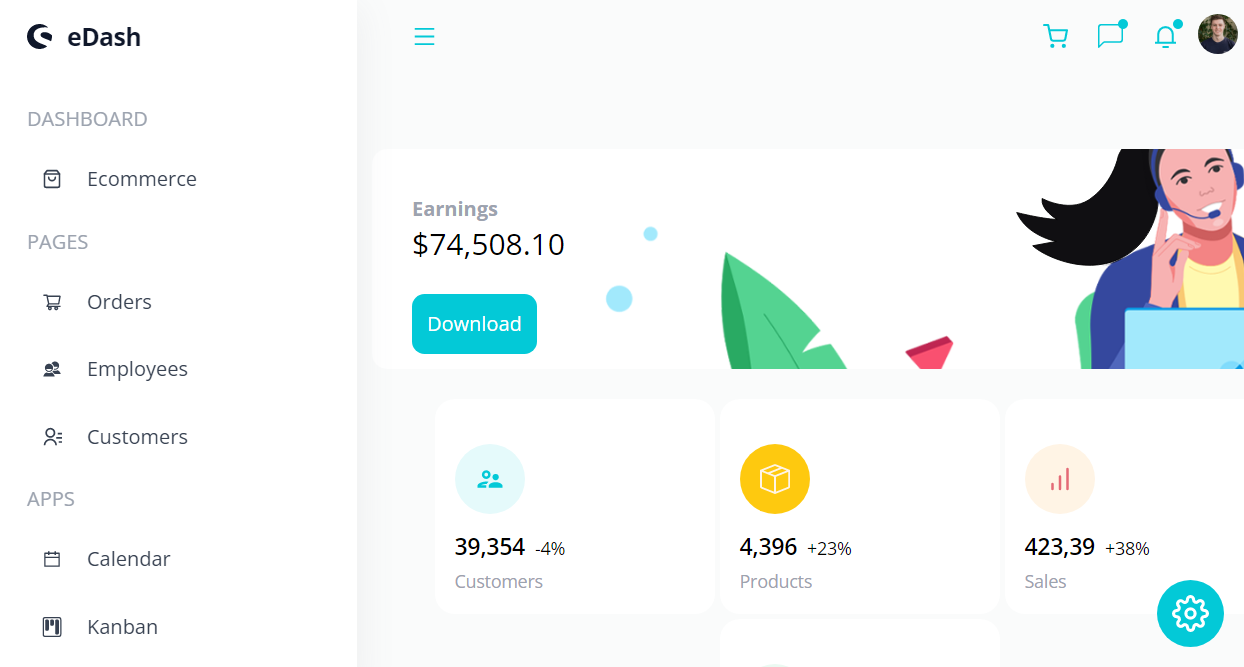 eCommerce Admin Dashboard showing bento-style layout with earnings, customers, products, and sales stats, plus sidebar navigation