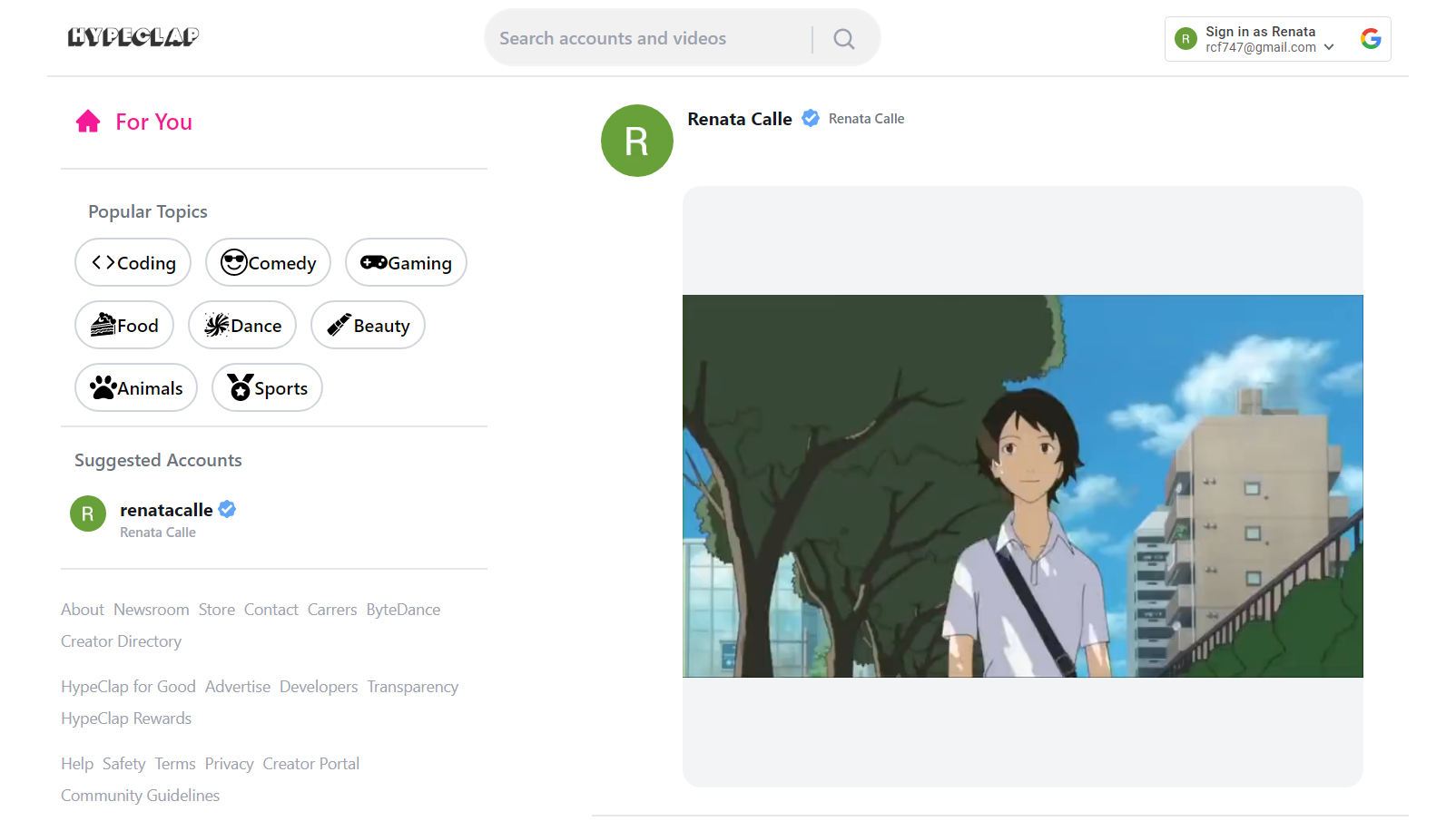 HypeClap video social media platform showing video feed, topic sidebar, and search bar with OAuth login